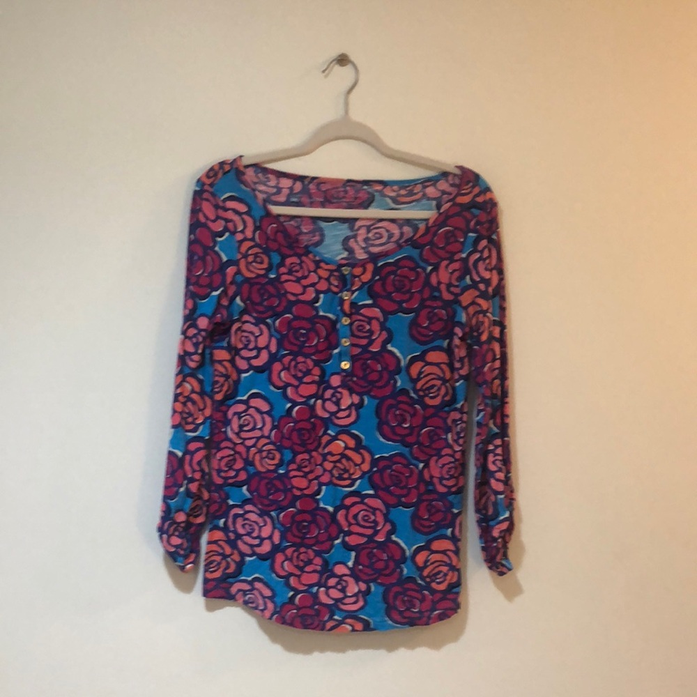 Lilly Pulitzer Buttoned Red and Pink 3/4 Sleeve Blouse